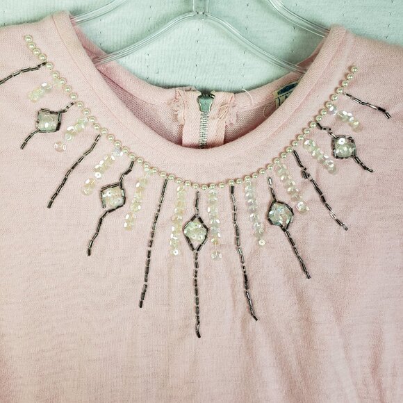 Vintage Union Label 60s 70s Knit Blouse Top Beaded Pastel Pink Half Sleeve M/L - Picture 4 of 11